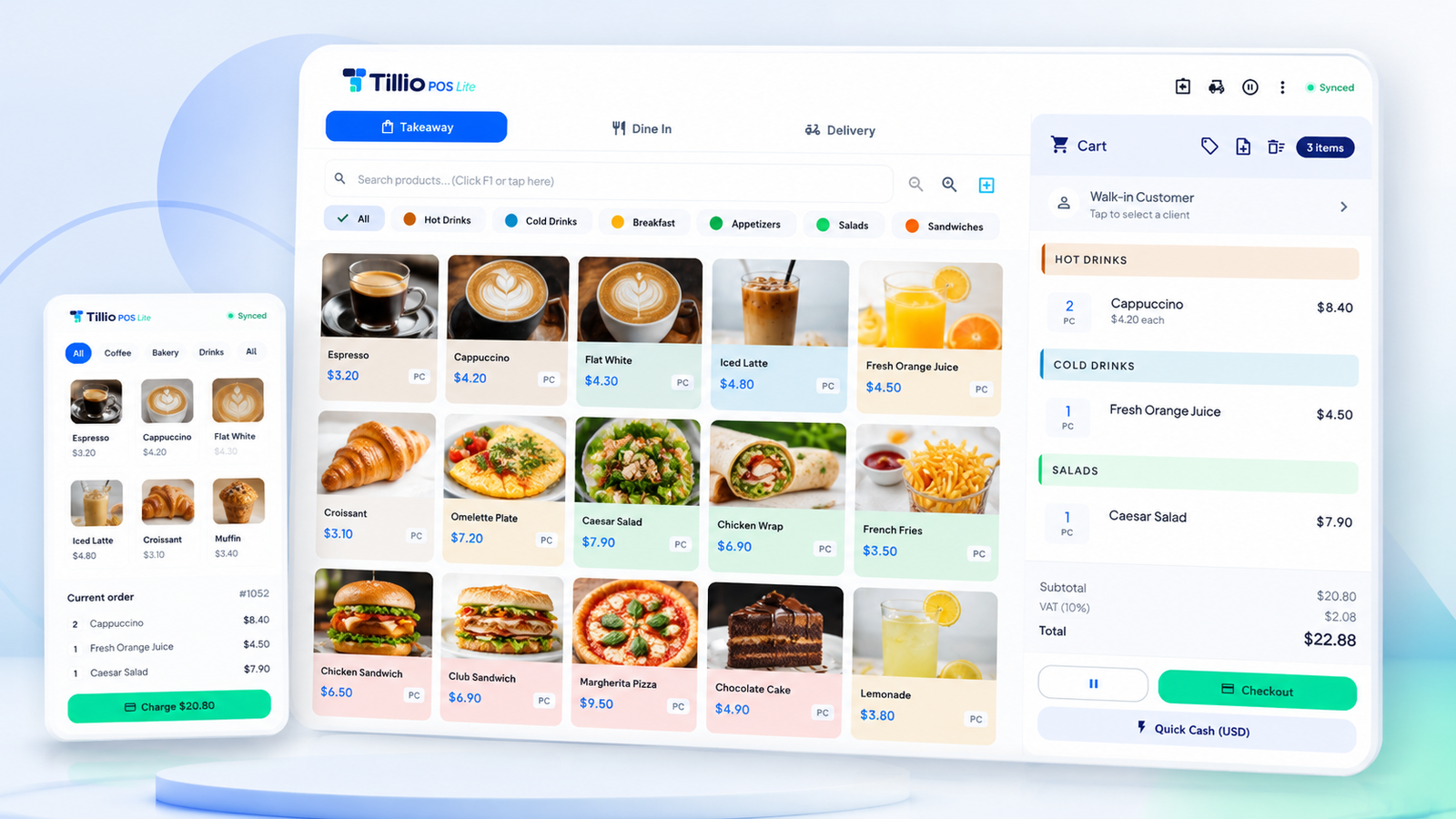 Tillio POS Lite running on desktop and mobile — sales screen with menu and cart
